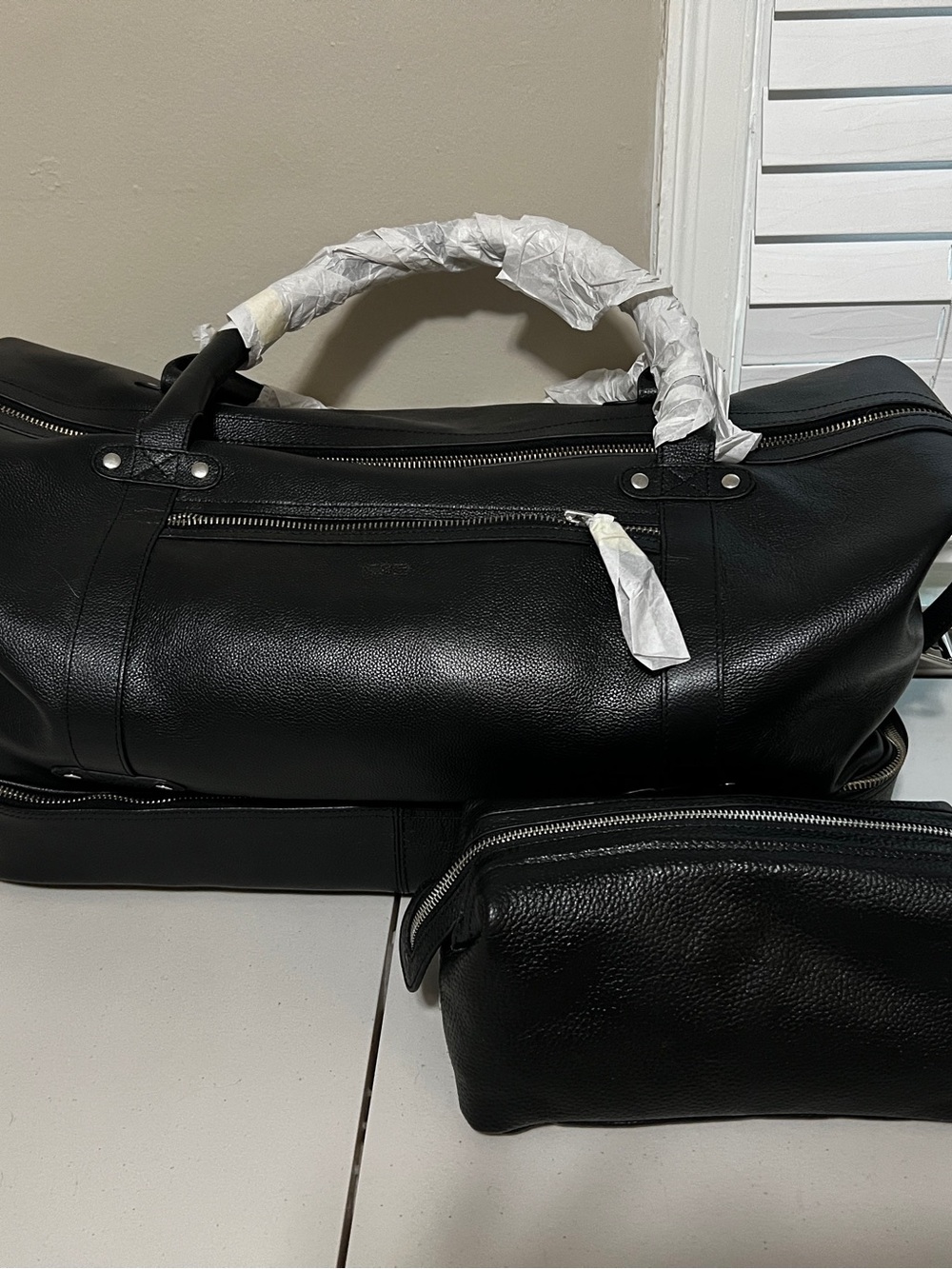 Mark & Graham Black Leather Duffel with Matching Pouch